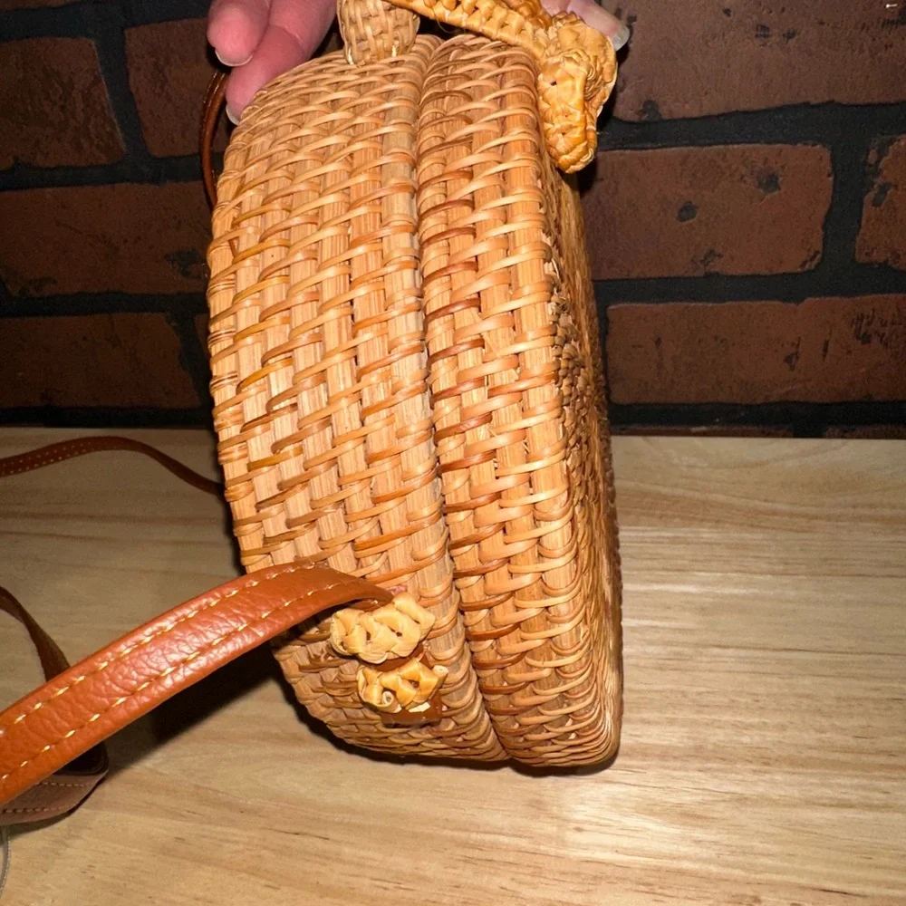 Round Woven Tan Crossbody Bag